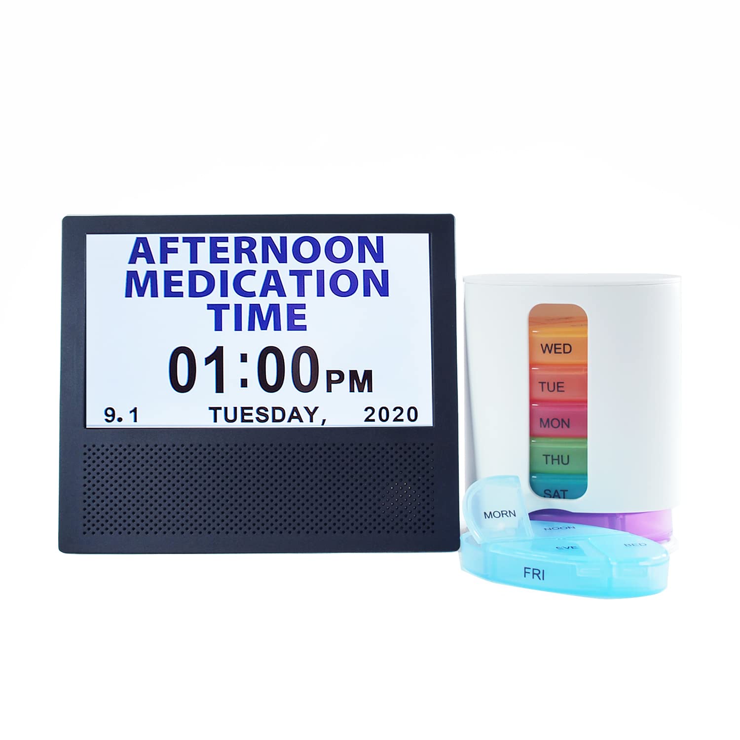 Medicine Reminder Alarm Day Clock and Rainbow Color Pill Organizer Bundle