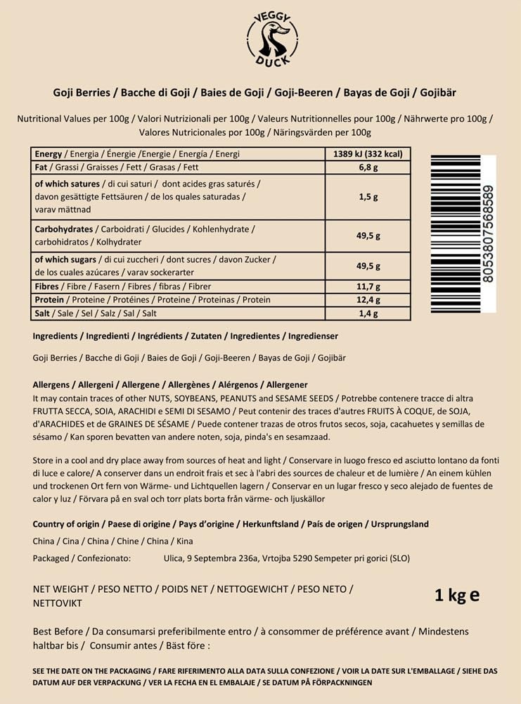 Veggy Duck - Bayas de Goji Naturales (1Kg) - Bayas Secas | Ricas en Antioxidantes, Vitamina A y Vitamina C