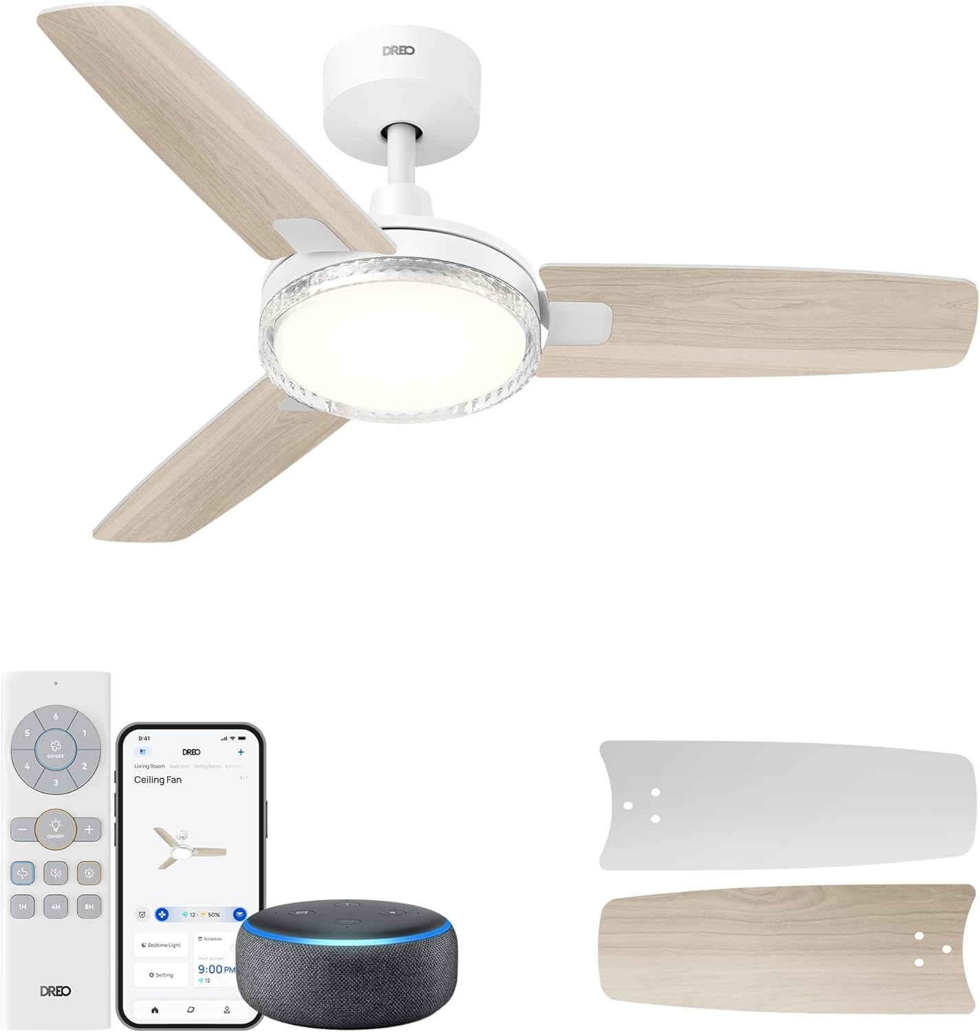 dreo smart ceiling fans with lights, 42 inch white ceiling fan, 12 speeds & 3 fan modes, stepless color tones, dimmable led light, 1-12h timer, quiet dc motor, remote/app/alexa/wall switch control white 42inch (missing parts)
