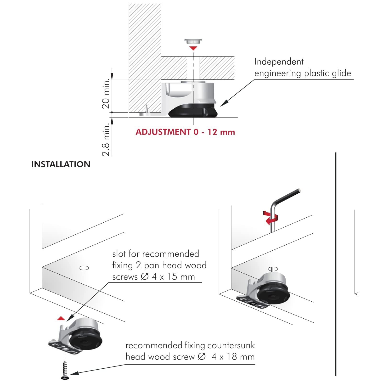 SOTECH Plinthoogteversteller INTEGRATO Hoogte 19 mm Stelvoet verstelbaar in de Hoogte tm 12 mm Stelvoet met draagvermogen 175 kg/stuk Verstelbare voet met vloerglijders Kastvoet