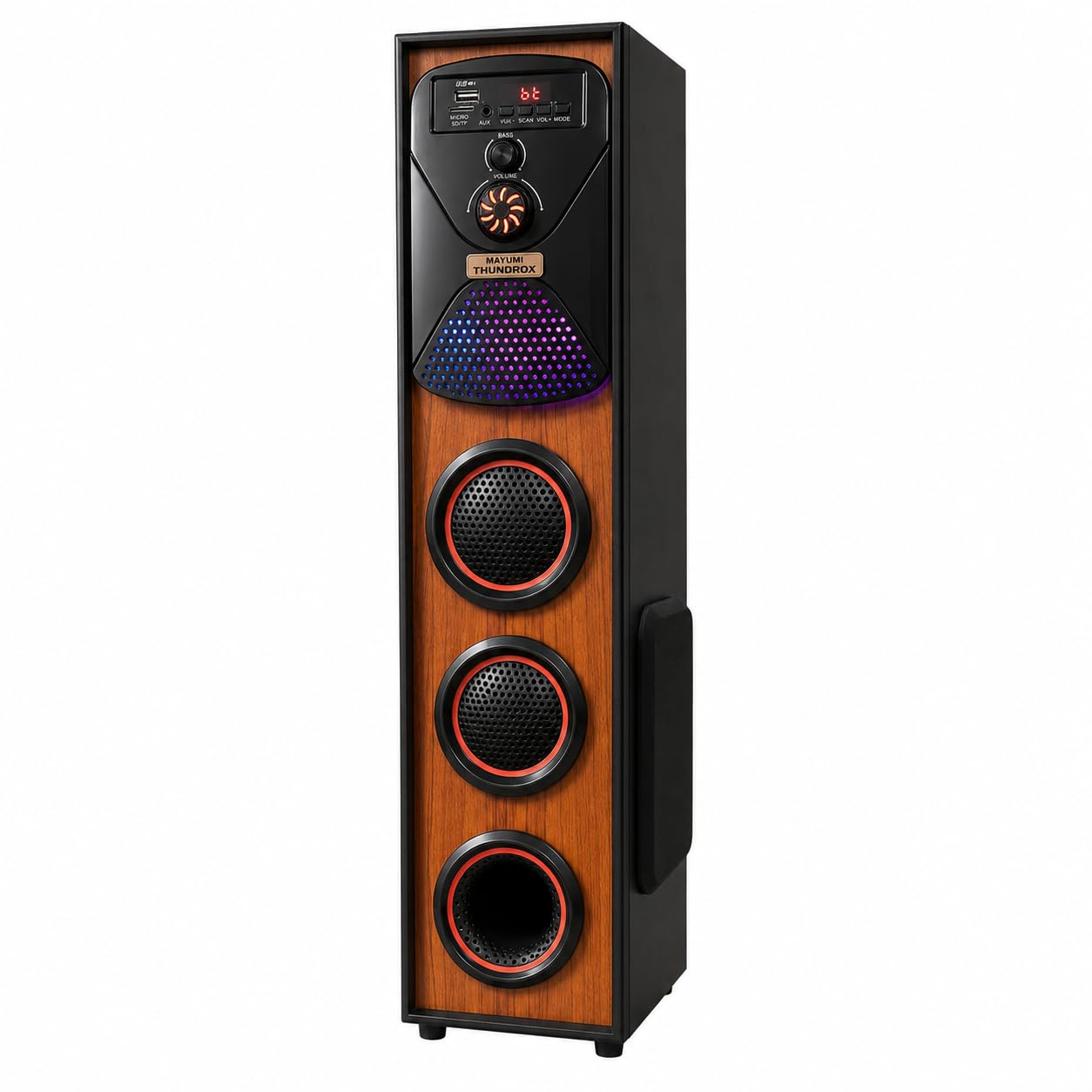 MAYUMI THUNDROX X28 Bluetooth Tower Speaker with Deep Bass, Dynamic RGB Lights, Karaoke Mic Input, USB/AUX/FM, Remote Control - 28000W PMPO Wood Finish Home Theatre Music System-picture-38