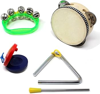 Amazon | 子供 楽器 4点 セット (本革 タンバリン + トライアングル +