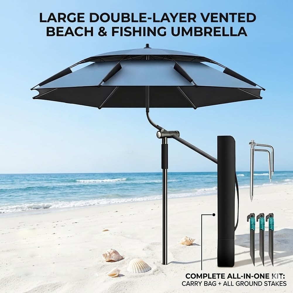 Generico Ombrellone da Spiaggia con Protezione UPF 50+, Parasole Spiaggia Inclinabile con Ancoraggio a Sabbia, Ombrellone da Esterno Antivento per Giardino All'aperto Balcone 2/2.4/2.60m(Ciano,2.40m)