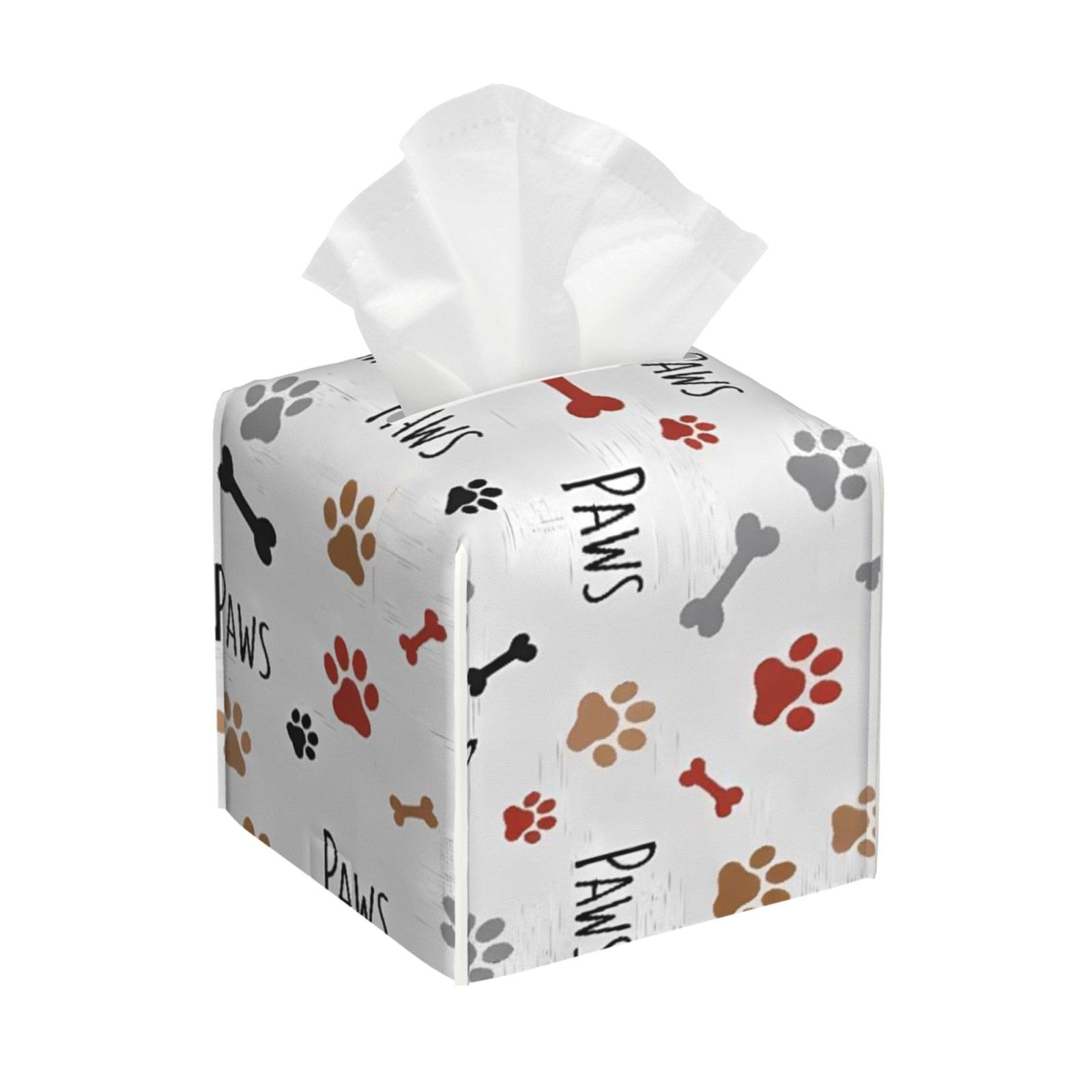 Dog Paw Bones Print Leather Tissue Box Cover Holder Square Facial Paper Organizer 5.2" X 5.2" X 5.2"