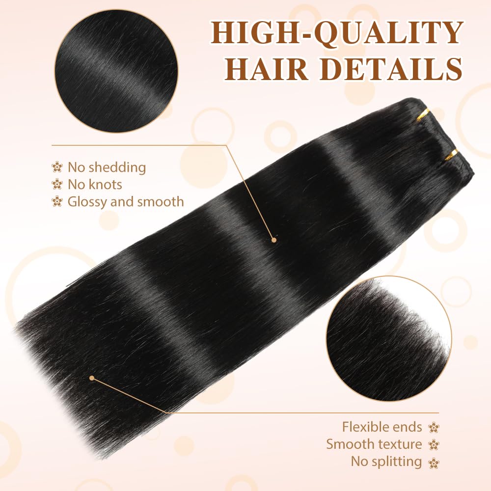 HotLulana Extension Capelli Veri Clip 7pcs 55cm 120g Nero Naturale Extension Capelli Veri 22 Pollice Extension Capelli Clip Invisible Extension Clip Capelli Veri Human Hair Extension Clip 1B#