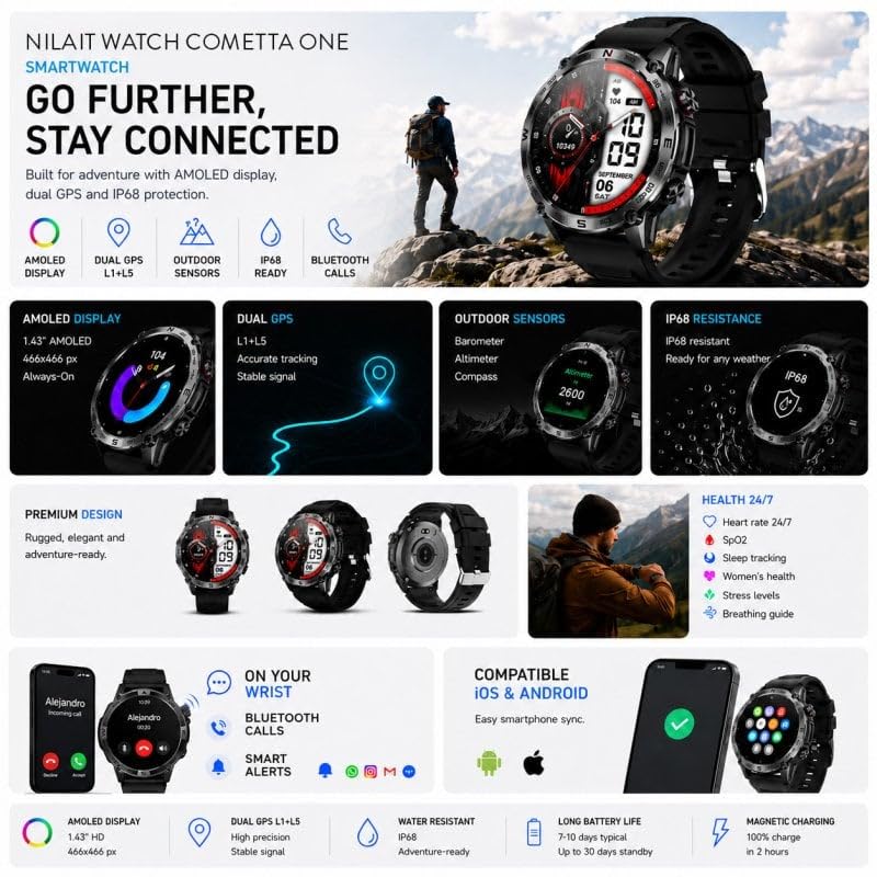 Nilait Watch Cometta One Smartwatch Outdoor GPS para Senderismo, Trail Running y Trekking, Pantalla AMOLED 1.43", GPS Dual Band L1+L5, Brújula, Altímetro, Barómetro, IP68, 3ATM, Negro