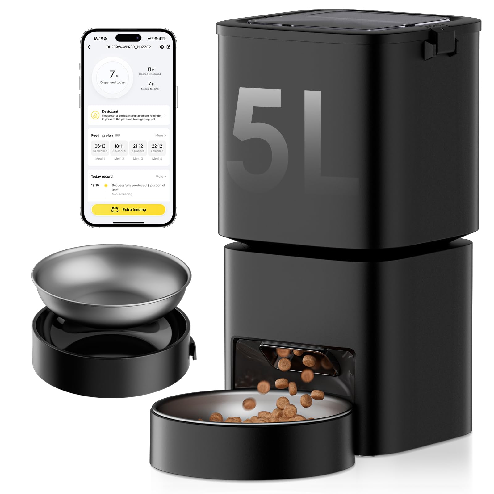 DUDUPET Automatic Cat Feeder, 5G WiFi APP Control Automatic Pet Feeder, 5L Cat Dry Food Dispenser with Remote Feeding,10 Meals Programmable 1-15 Portion Control Auto Dog Feeders for Cats,Puppy