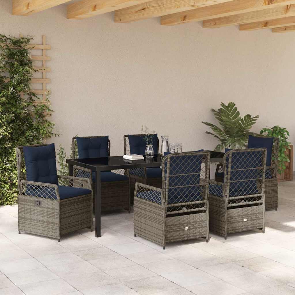 Set di mobili da giardino in polyrattan, 7 pezzi, grigio, tavolo e sedie per terrazza, balcone, con schienale regolabile, resistente alle intemperie, durevole, per eventi estivi all'aperto