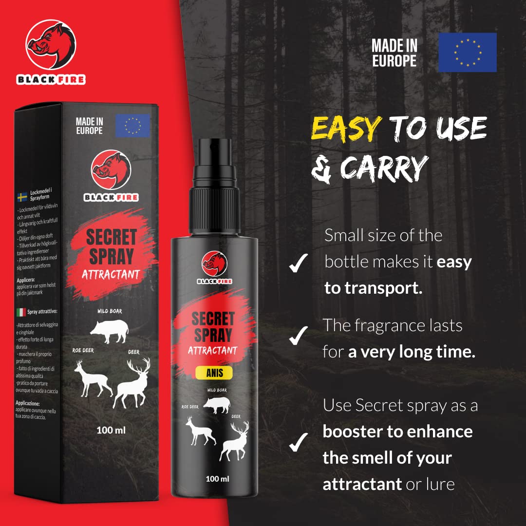 Spray Black Fire ® Spray con Aroma para jabalíes, Ciervos y corzos, Botella de 100 ml, Receta Secreta de anís - ¡Aumenta Tus Posibilidades de éxito Cuando caces!