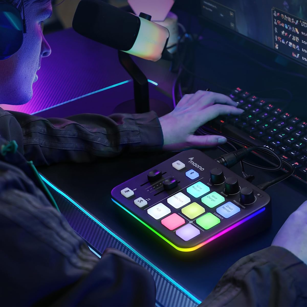 Mikser audio do gier, strumieniowanie RGB z interfejsem audio XLR do mikrofonu, zasilanie fantomowe 48 V, zmiana głosu, redukcja szumów, efekty dźwiękowe DIY