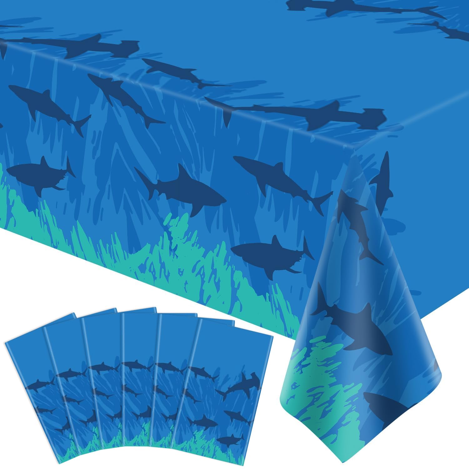 FVEOCR 4Pcs Shark Tablecloth Ocean Theme Birthday Table Cover Sea Animal Theme Party Table Cloth Ocean Birthday Supplies Plastic Table Cover Under The Sea Theme Party Decoration