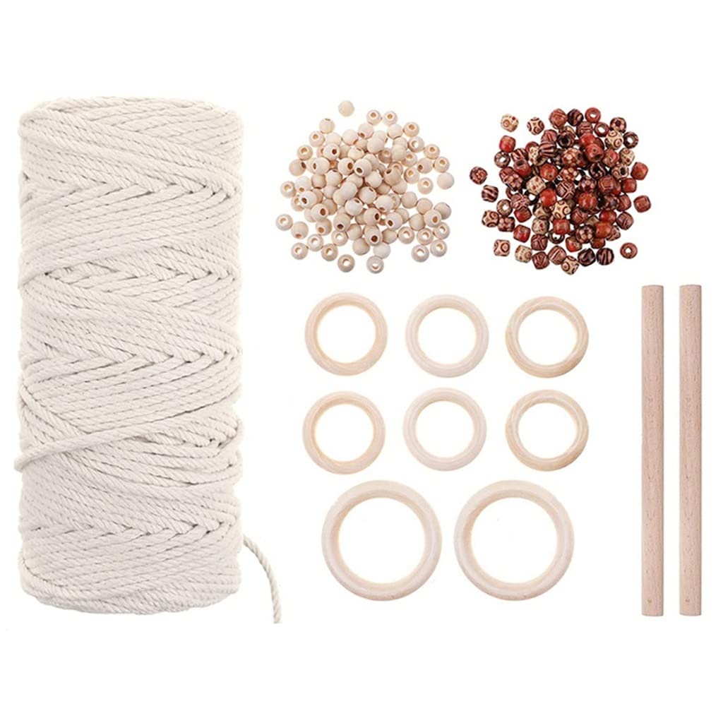 Lot de 200 cordes en macramé naturel 3 mm x 100 m, 2 bâtonnets en bois, 8 anneaux en bois, 200 perles en bois pour bricolage