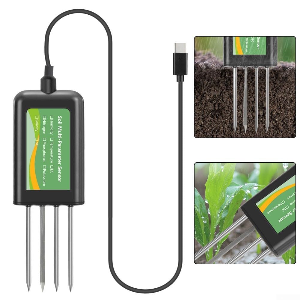 Medidor de suelo USB para humedad pH temperatura NPK salinidad IP68 resistente al agua con sonda de metal para Android y para sistemas hongmeng negro