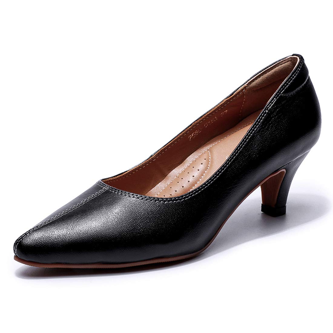 Mona flying Women's Leather Pump Med Heel Pointed Toe Office Dress Shoes for Ladies