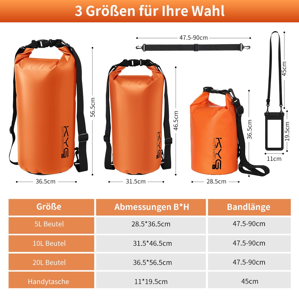 KYG Dry Bag Borsa Impermeabile, 5L/10L/20L, con Custodia Impermeabile per Cellulare, Borsa Asciutta per Spiaggia e Sport All'aperto, Escursionismo, SCI, Pesca, Arrampicata, Campeggio, Surf, Rafting