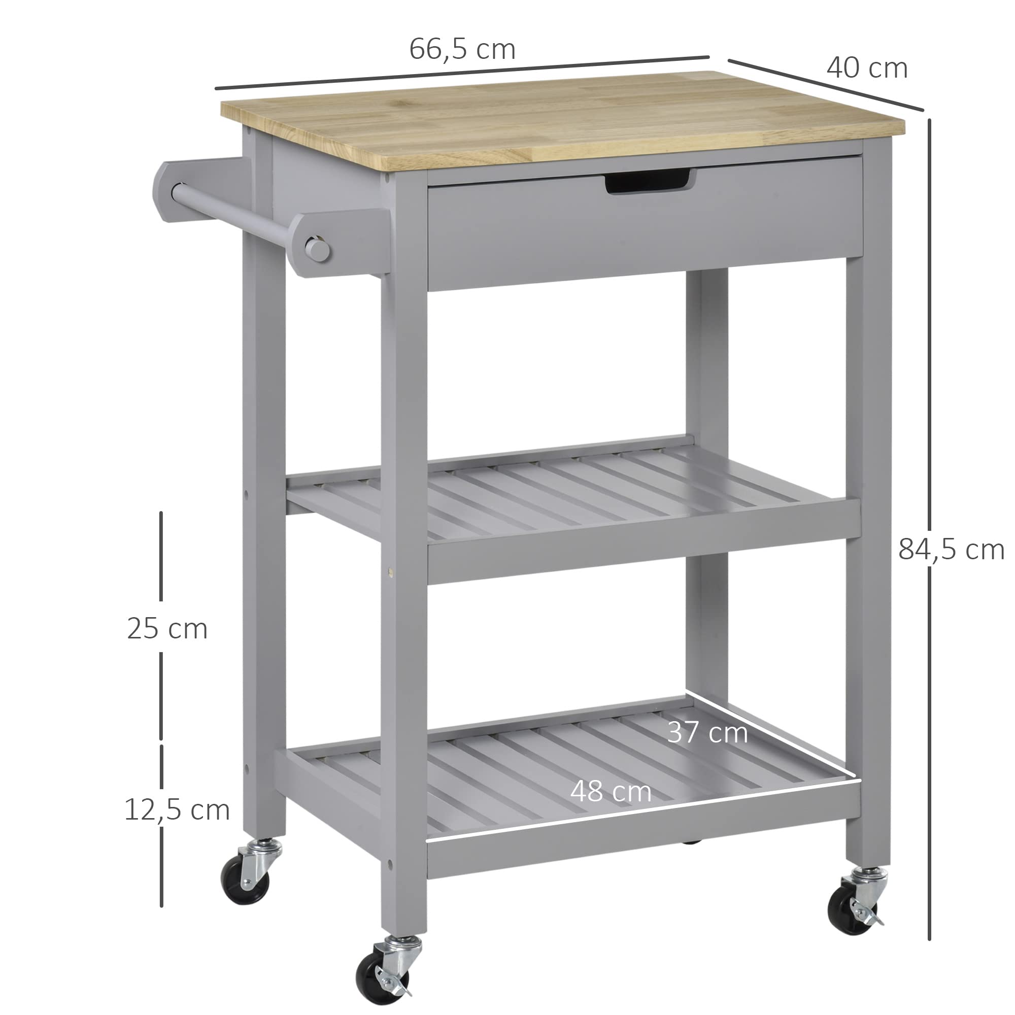 HOMCOM Desserte de Service Chariot de Cuisine à roulettes avec Plan de Travail en Bois hévéa - 2 étagères, 1 tiroir et 1 Porte-torchon
