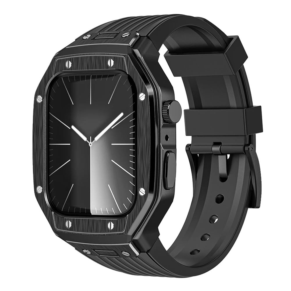 AMAUPCKCA Luxury Metal Modification Kit For Apple Watch Series 9 8 7 45mm 6 5 4 SE 44mm Rubber Band IWatch Refit Mod Kit Bezel Case Band(Black Black,44mm)