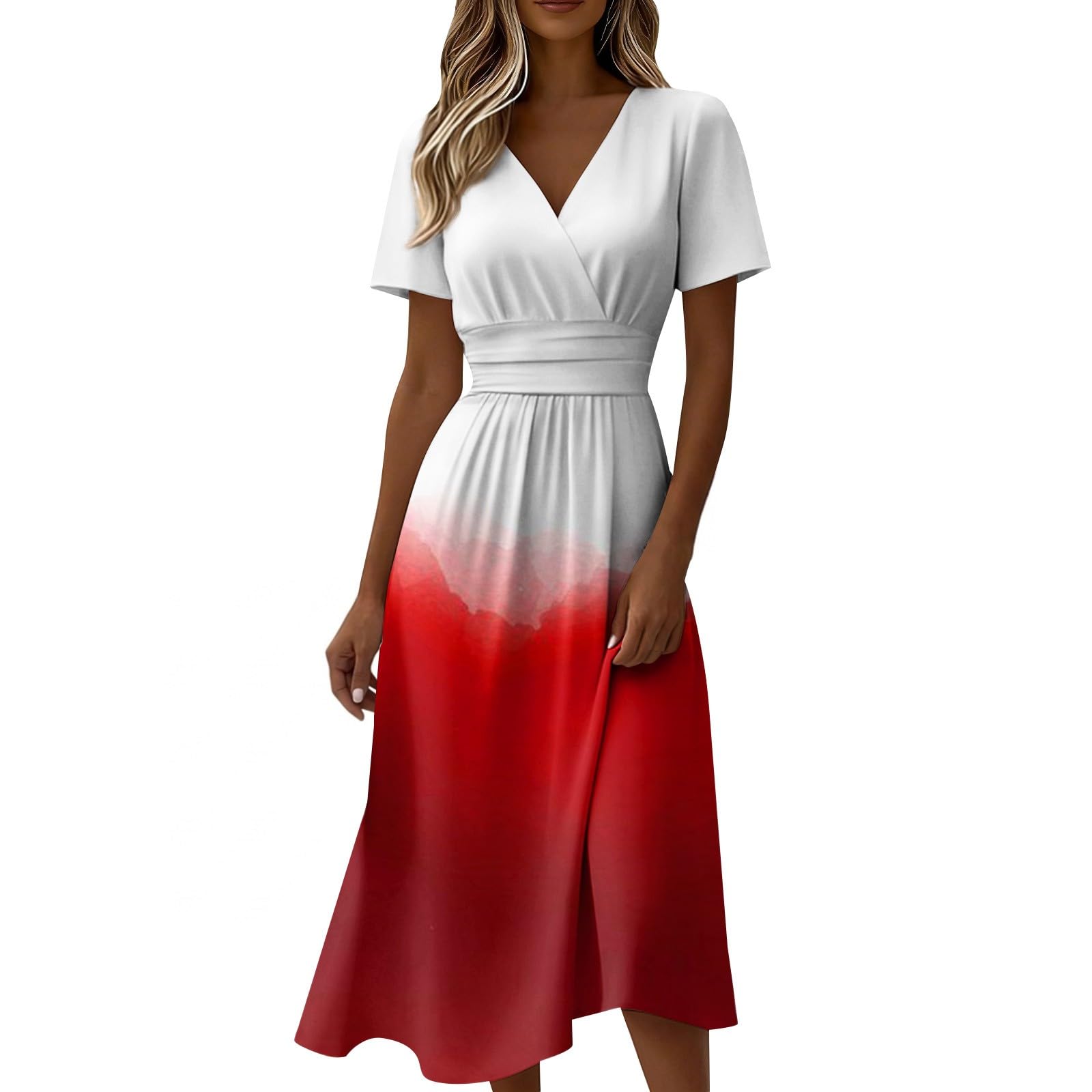 Robe d'été à manches courtes – Robe pour femme, taille haute, coupe trapèze, col en V, couleur assembler, style bohème, pour vacances, robe élégante et légère