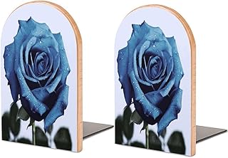 Blue Rose Blooms Bookends Wood Book Ends for Shelves Non-Slip Bookend Stopper Heavy Duty Book Storage Desktop Organize Books Decorative Book Holders for Office Home 1 Pair