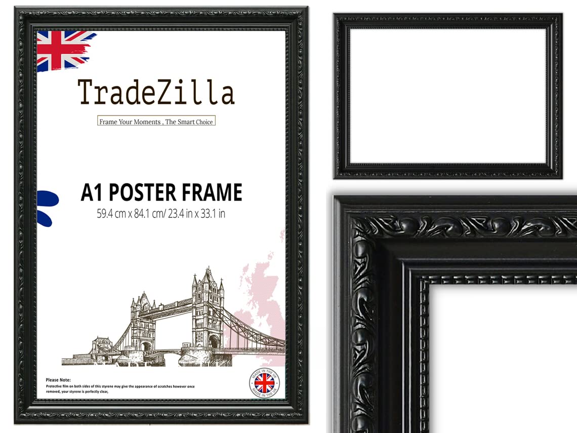 TradeZilla Antique Style Frame A1 Size - Ornate Shabby Chic Black Picture/Photo/Poster Vintage Frame with MDF Backing Board Perspex- For Gift Wall Gallery Home Décor - A1 (59.4 cm x 84.1) cm