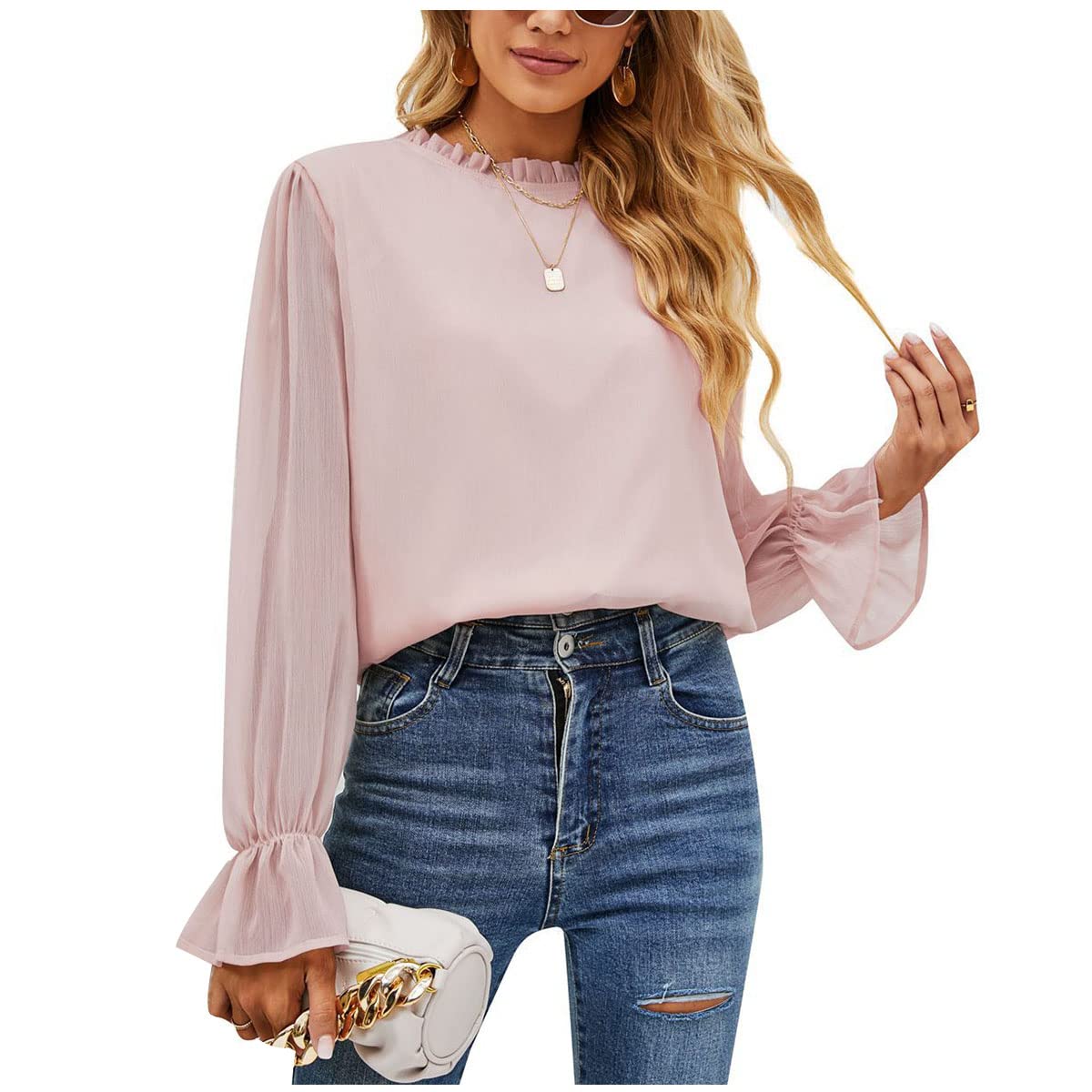 Bartira Spring and Summer New Women's Lotus Leaf Collar Bubble Sleeve Chiffon Belt Casual Elegant Lined Long Sleeve Top