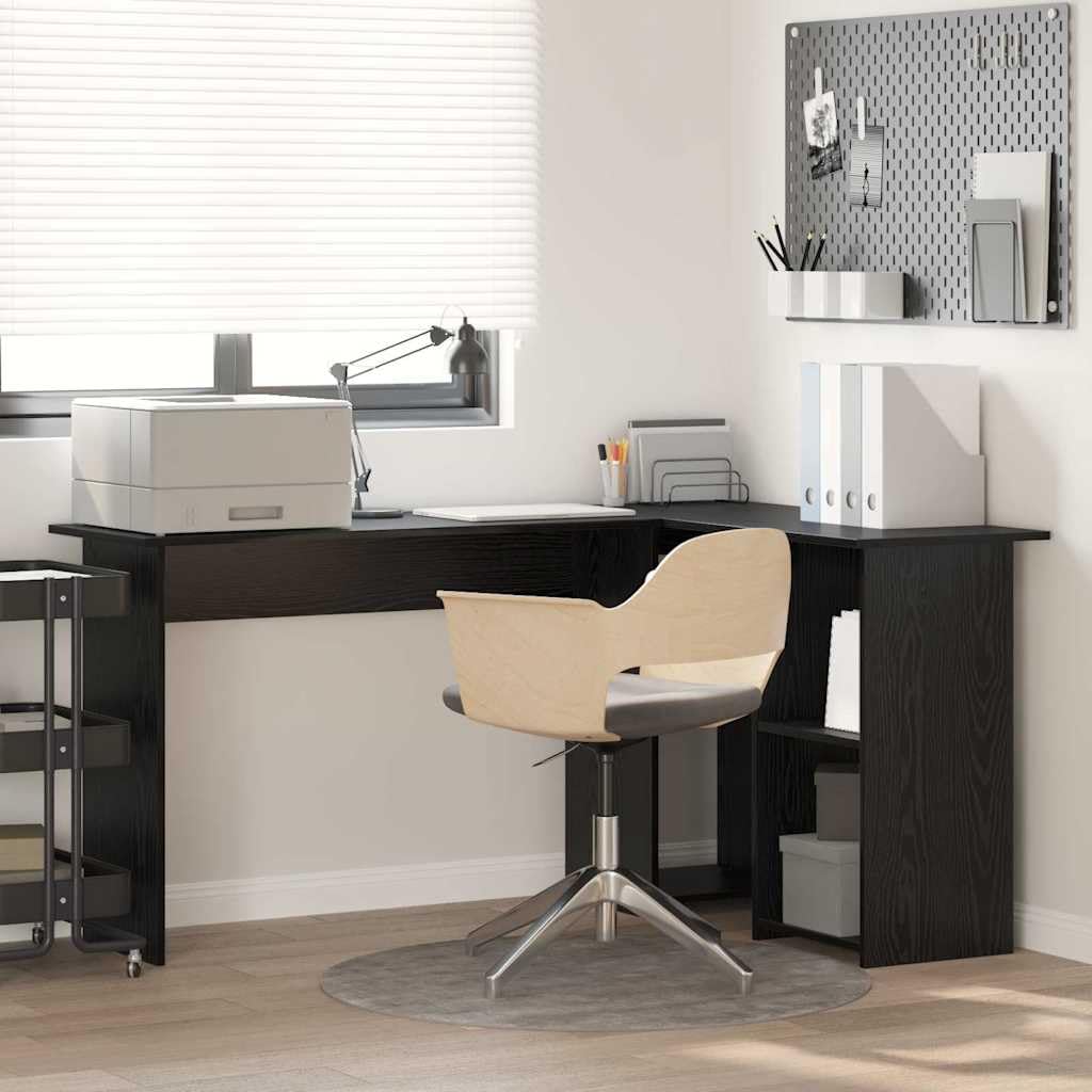 Scrivania con mensola nera, effetto rovere, in legno, 142 x 102 x 73 cm, moderna scrivania angolare per ufficio e studenti, con molto spazio e design robusto