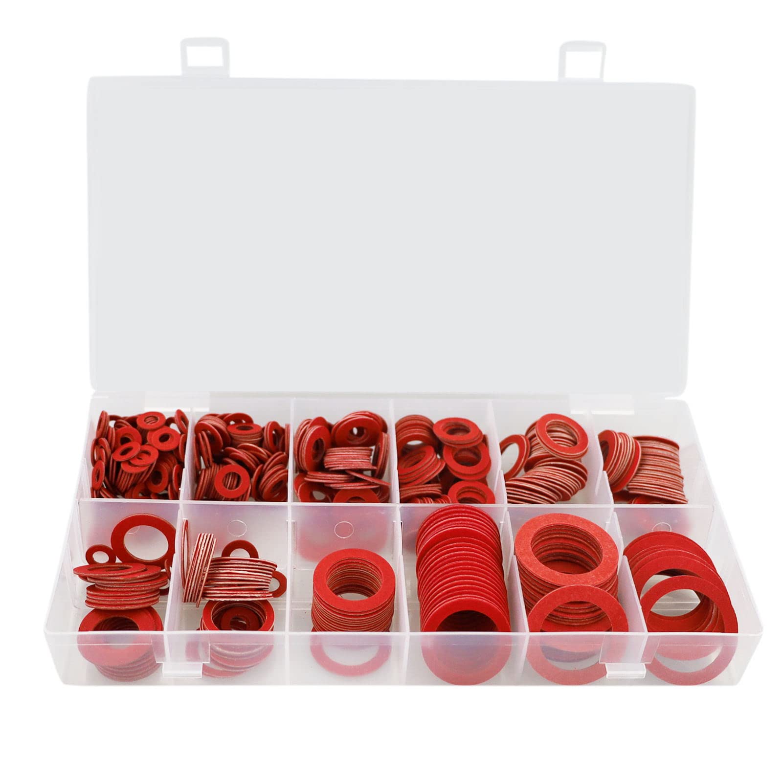 600 Pcs Fibre Washer Assorted Kit, Red Steel Paper Insulation Washer Assorted Set, 12 Sizes, with a Storage Box