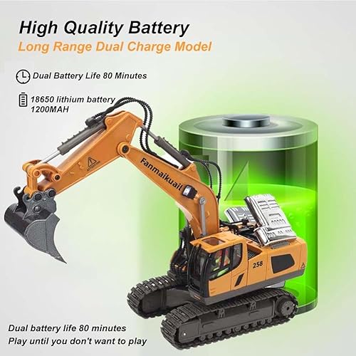 Miniatura 6 de Fanmaikuail Excavadora de control remoto, 11 canales RC Excavadora de juguete 120 Excavadora de control remoto profesional Vehículos de construcción