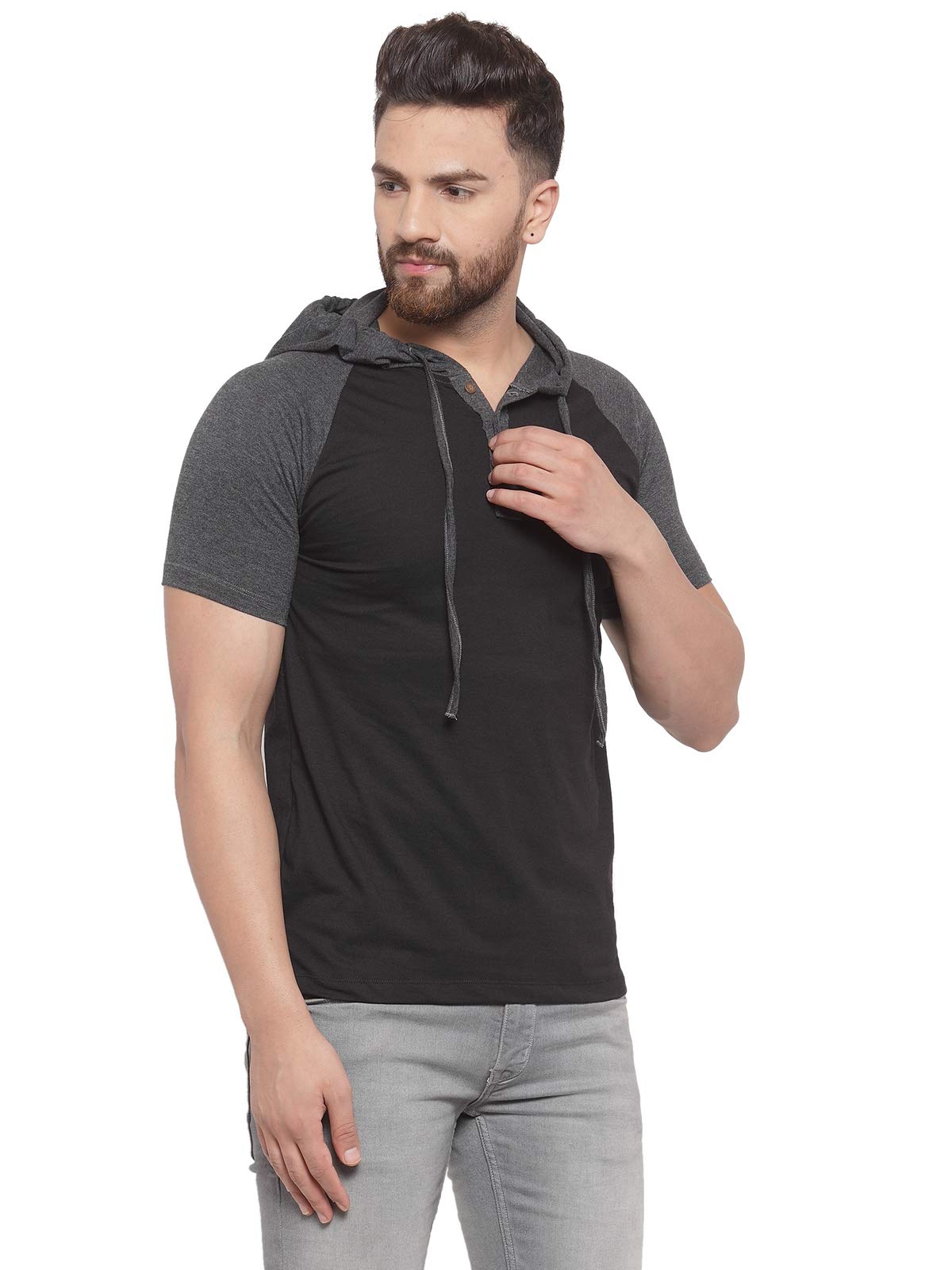 kalt Men's Half Sleeves Dual Colour Cotton Blend Hoodie(Black::Dark Grey Melange)-picture-53