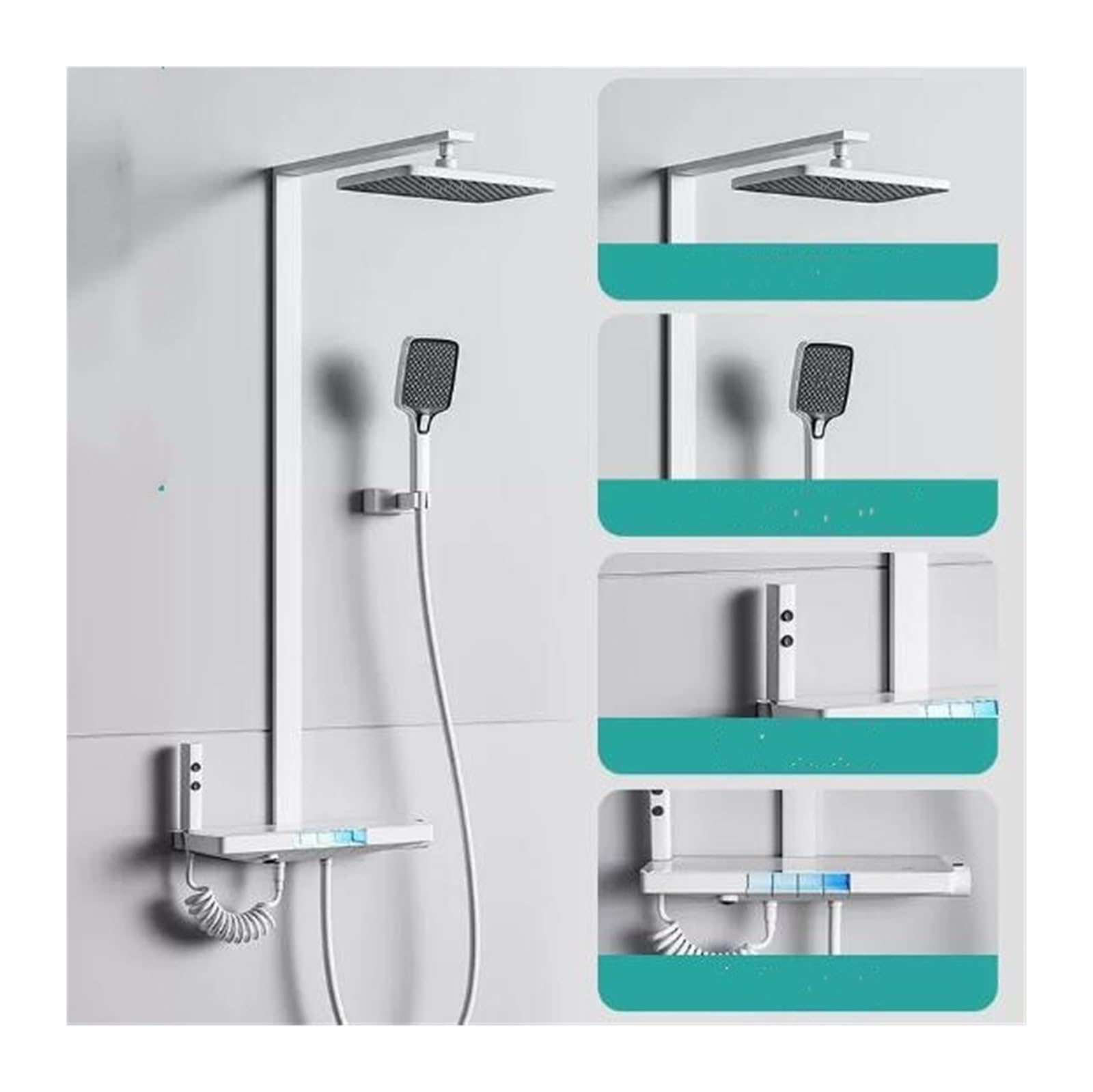 Soywim Square White Shower System, Constant Temperature Shower Gun ，Gray Intelligent Digital Display Household Suit ，Piano Key Pressurized Tap(Square White)