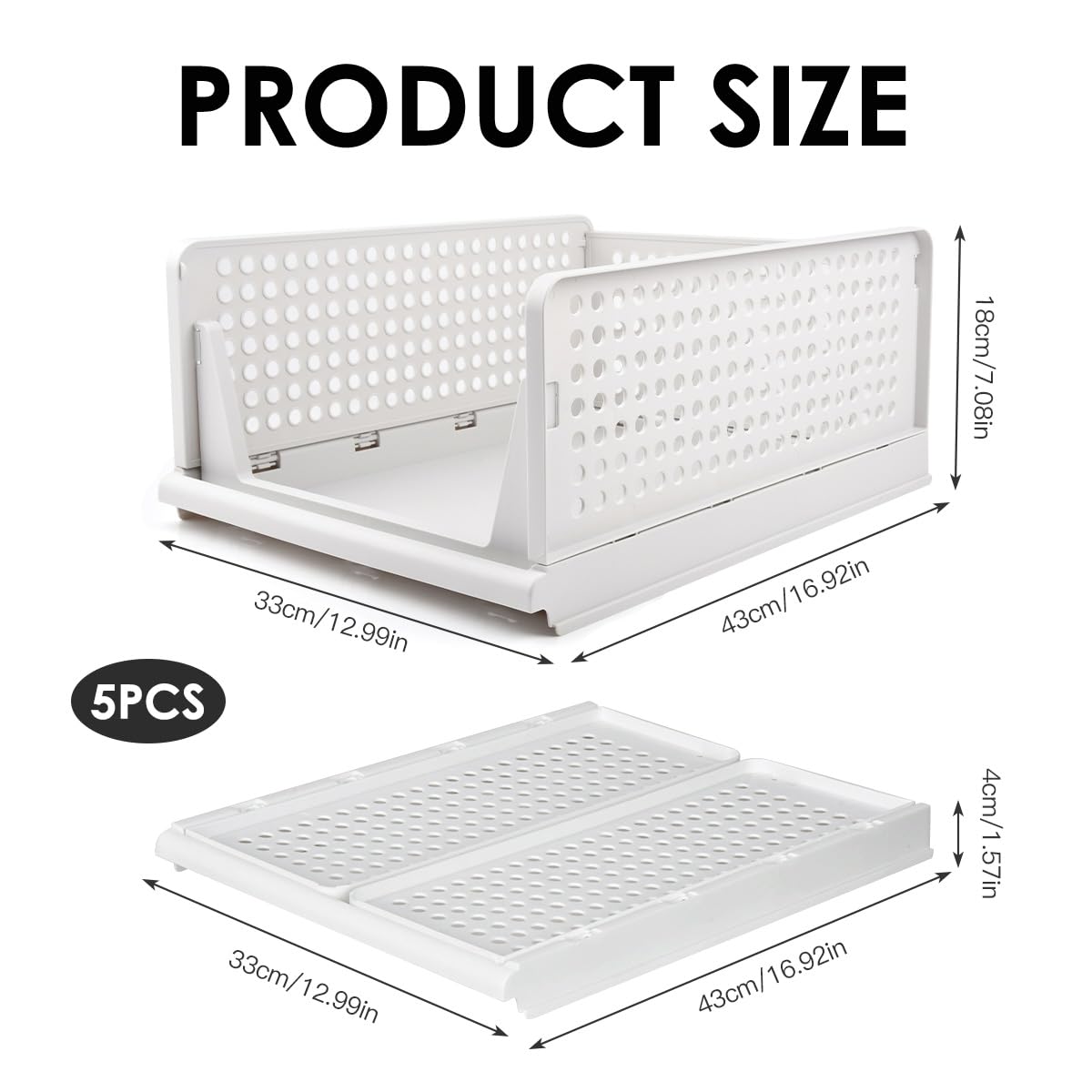 Organizador de Armario Apilable, 5pcs Organizador Armario Cajones, Extraible Plegable Organizadoras para Armario Plastico,para Ropa Dormitorio Baño| Blanco, 43x33x18cm