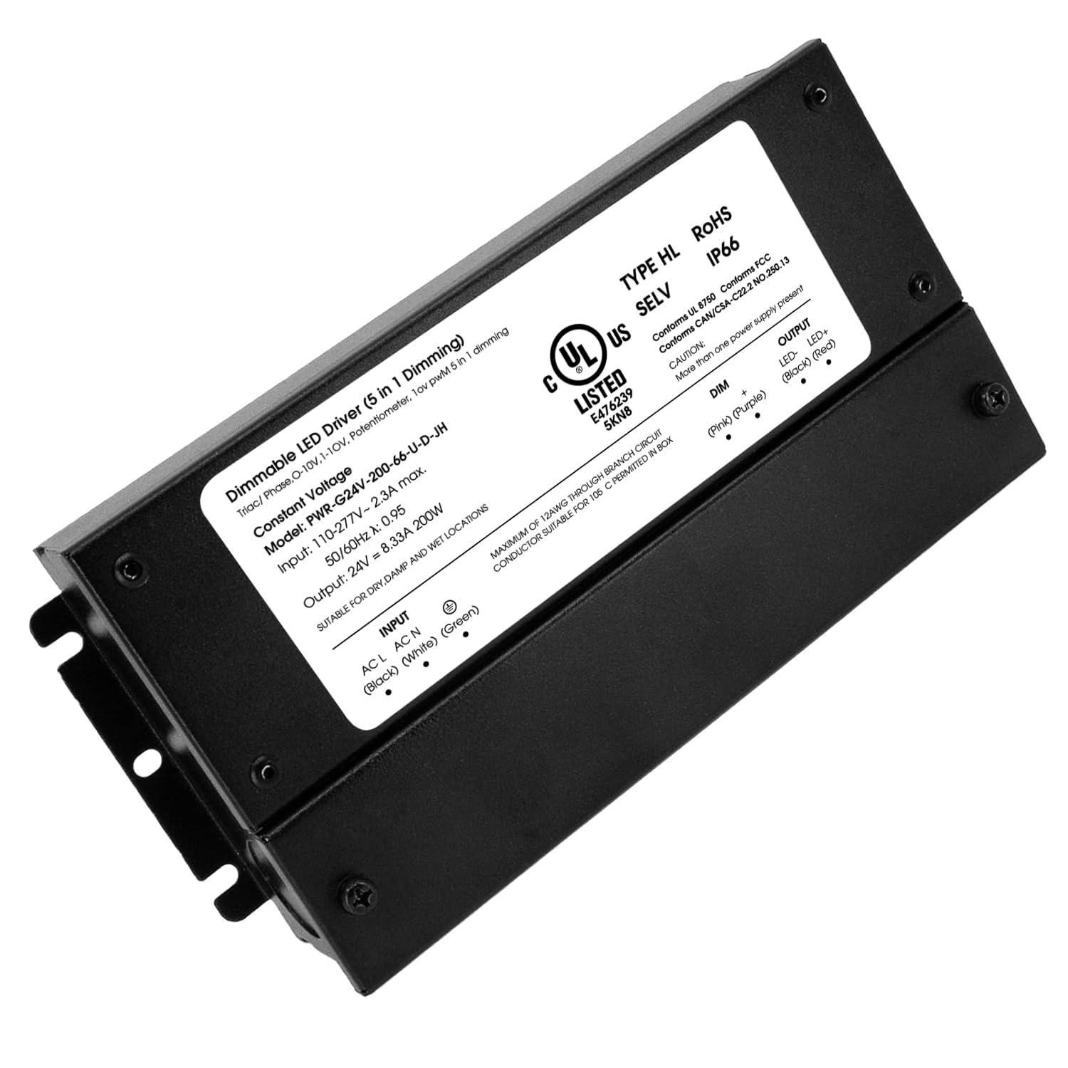 HitLights 200W Dimmable LED Driver, Electronic Transformer, 120V AC to 24V DC Power Supply for LED Strip Light, IP66 Rated, Dimming with TRIAC, 0-10V, 1-10V, Potentiometer, 10V PWM, UL Listed, Class 2