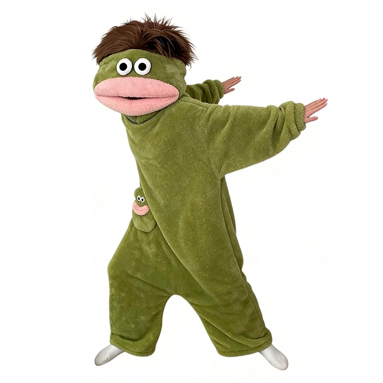 Pigiama intero per adulti – Pigiama intero in pile verde con cappuccio, super morbido peluche, pagliaccetto per coppie, simpatico cartone animato con bocca grande, per uomo e donna H