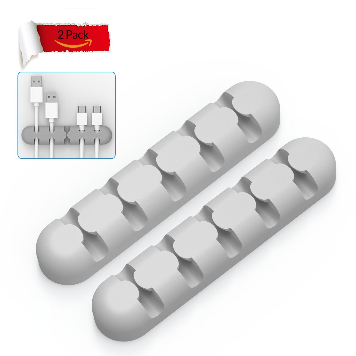 AIFFECT USB Cable Holder Organizer 5 Channel Cable Clips Desktop Cord Management, Wire Management System for Mobile Phone Cable Computer Wire Power Cords Charger Cables - Grey(2 Pack)
