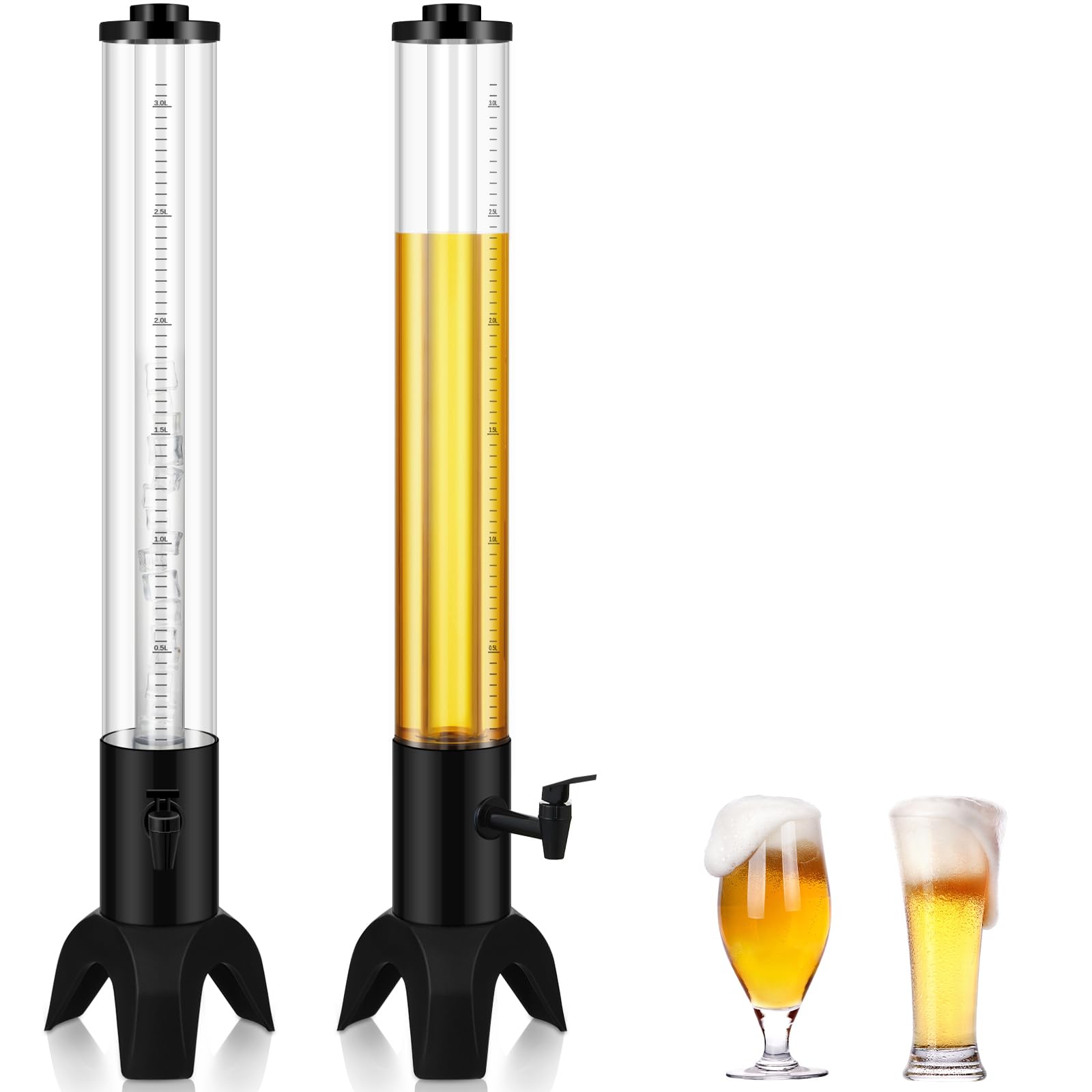 Irenare 2 Pack Beer Dispenser 3 Liter/ 100oz Beverage Dispenser Clear Tabletop Mimosa Tower Cocktail Liquor Juice Drink Margarita Tower with Removable Ice Tube for Home Bar Party Outdoor
