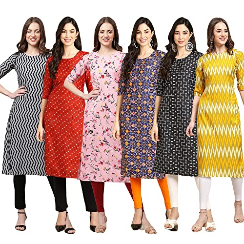 Image of Pinkmint Women's Crepe Digital Print Straight Kurta Pack of 6 [CR-336-370-344-343-328-366]