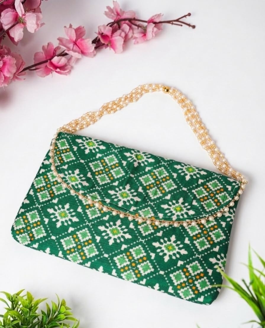 Patola Print Fabric Clutch Bag with Pearl Bead Handle, Ethnic Envelope Purse-image-4