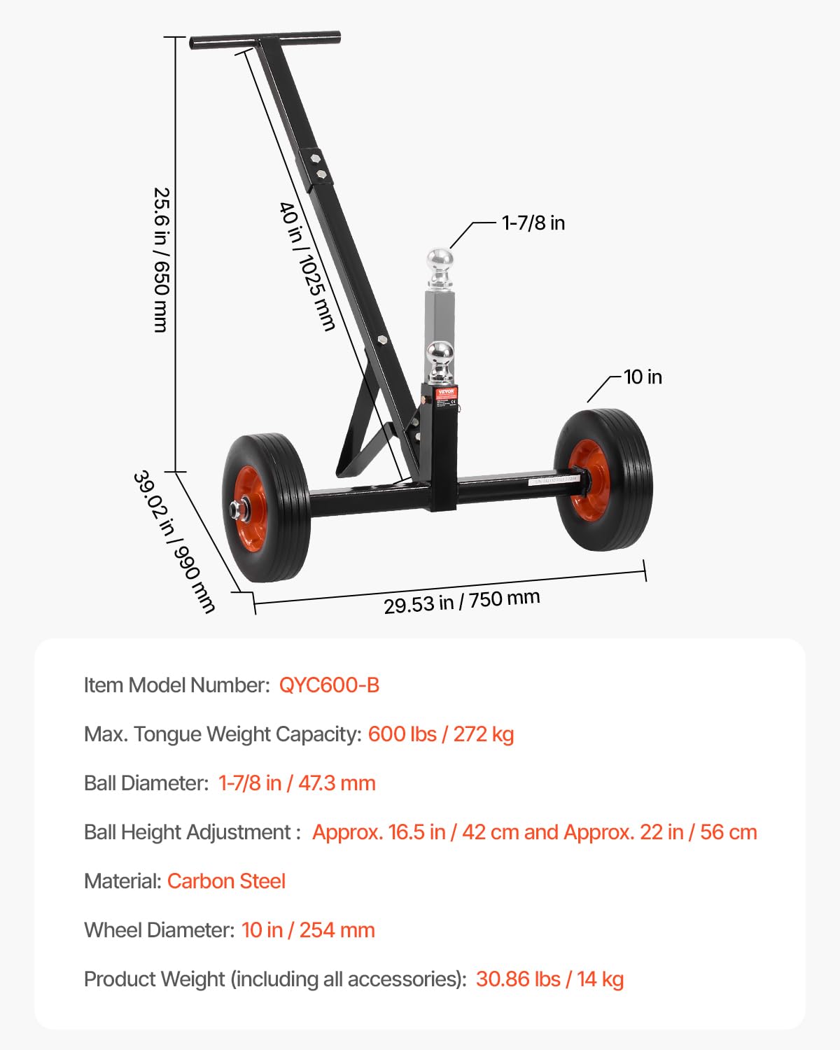 VEVOR Pomoc do manewrowania, przyczepy, obciążenia 272 kg, regulowana wysokość 42 i 56 cm, kulka sprzęgła 47,3 mm, pełna gumowa opona 254 mm, do przemieszczania przyczep do łodzi