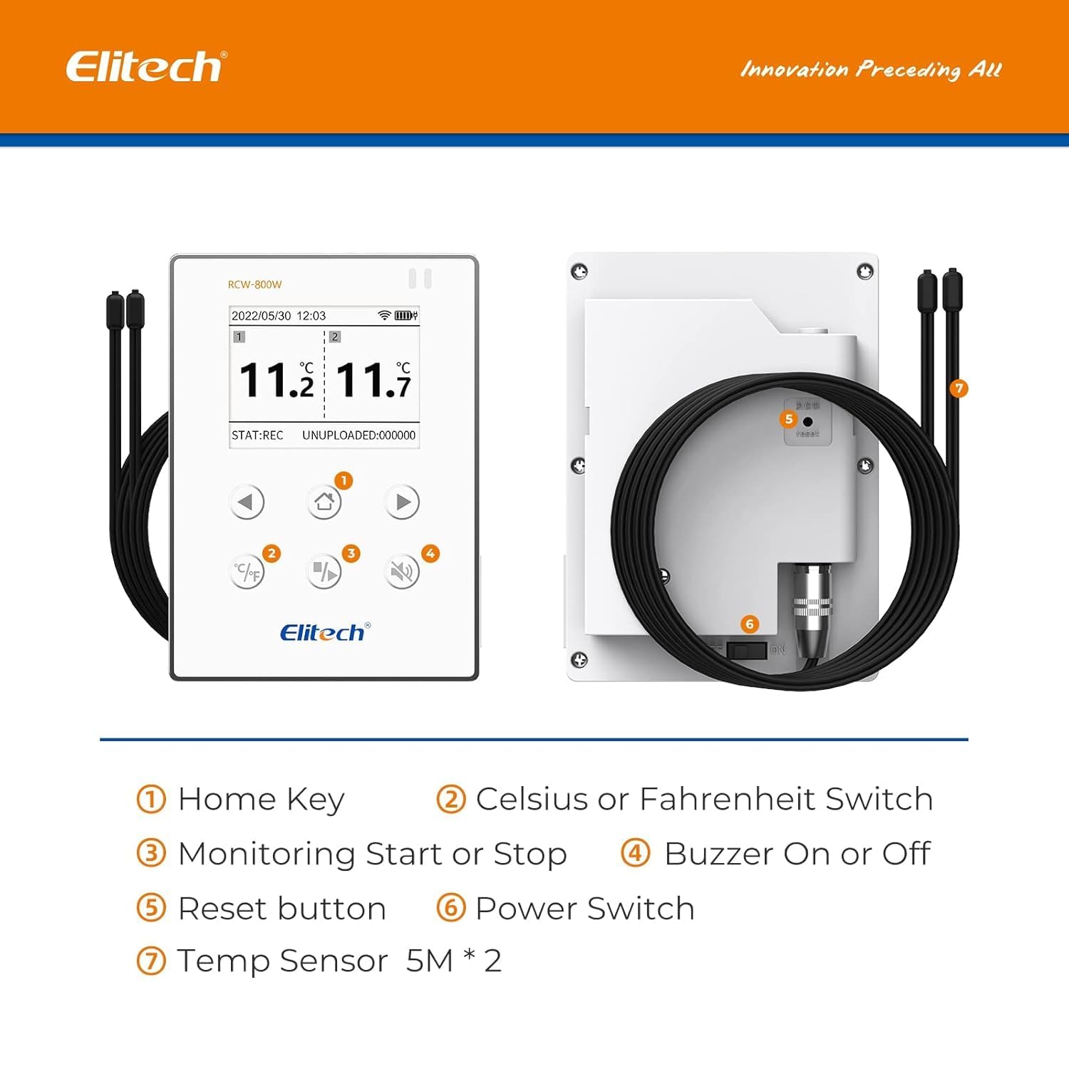 Elitech Registrador de datos de temperatura WiFi (2,4 y 5 GHz) – Grabador remoto inalámbrico con sensor dual, memoria en la nube, alarma en tiempo real por SMS/correo electrónico/aplicación para