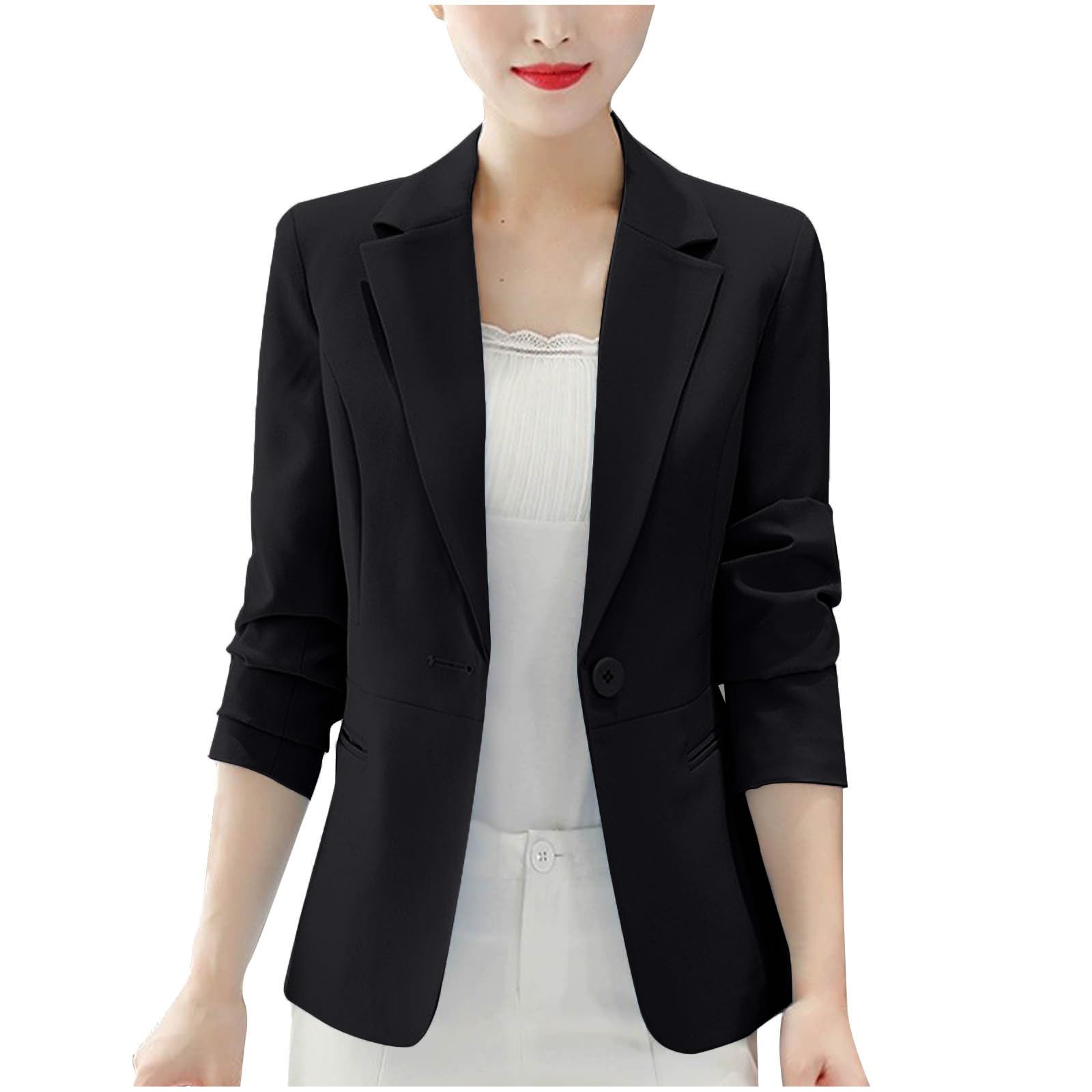 Womens Office Suit Jacket Business Casual Long Sleeve Blazer Jackets Notched Lapel Open Front One-Button Cardigan