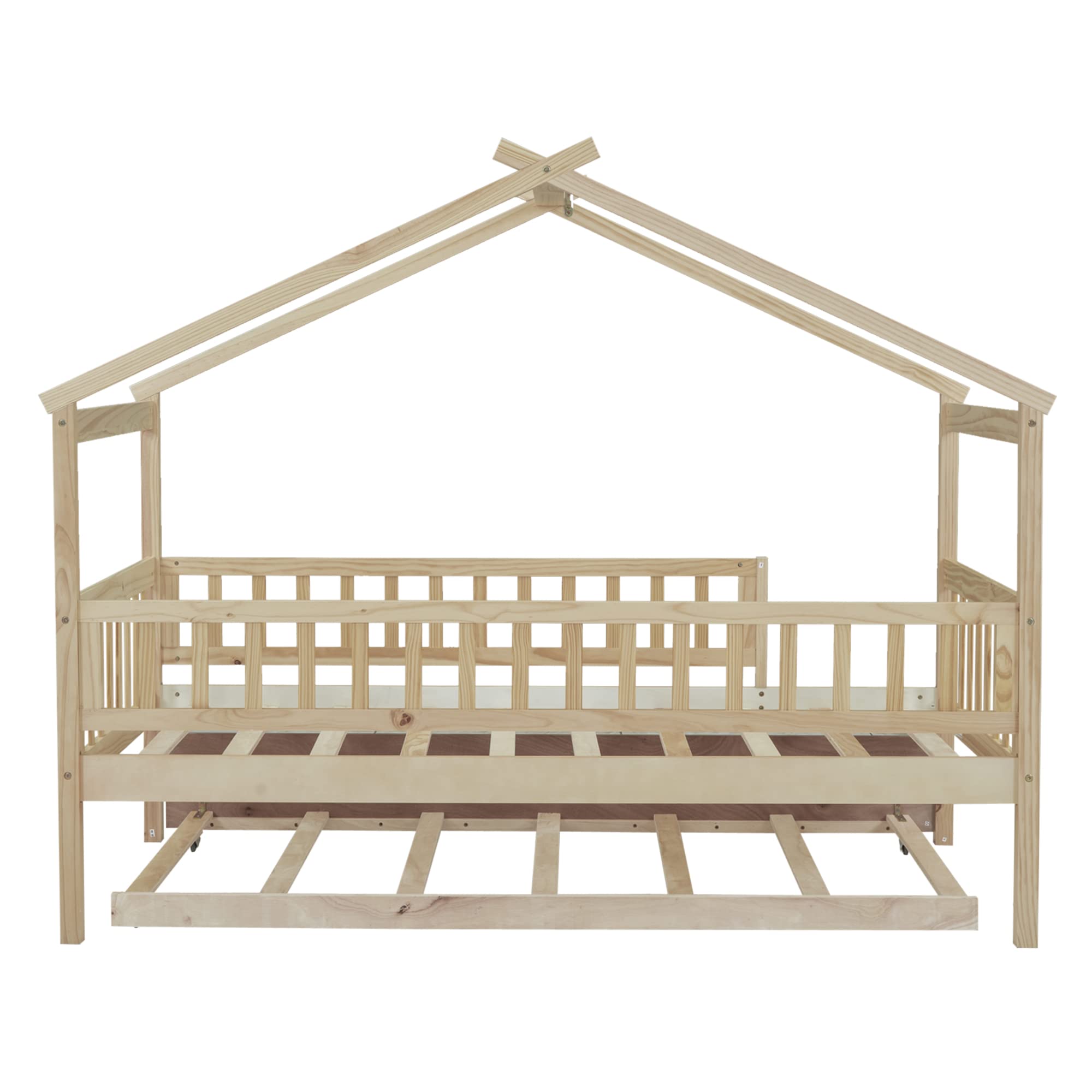 Bellemave Twin Size House Bed with Fence and Trundle, Wooden Kids Montessori Bed Frame with Railings for Girls Boys (Natural-Twin/Trundle)