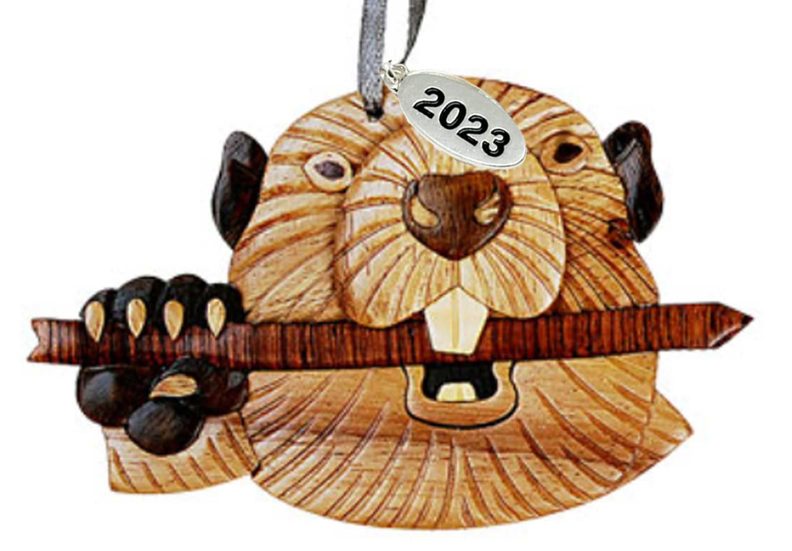 Beaver Ornament 2021 Two-Tone Wood Christmas Ornament - Handcrafted Wood Intarsia Design - Comes in A Gift Bag So It's Ready for Giving