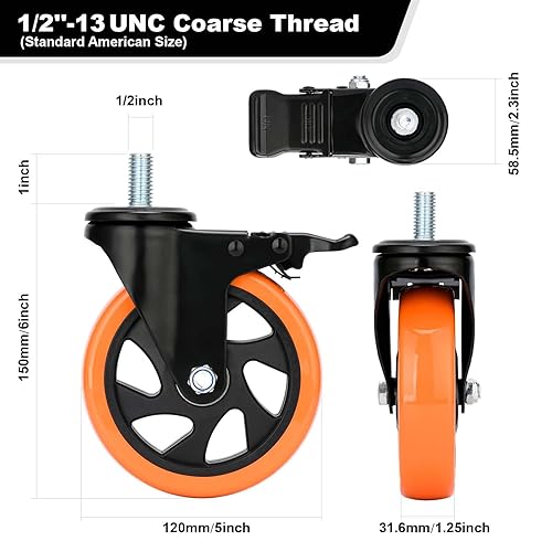 Miniatura 2 de Ruedas giratorias de 5 pulgadas, juego de 4 ruedas giratorias resistentes de 1500 libras de 12 a 13 x 1 pulgada, ruedas roscadas de doble bloqueo,