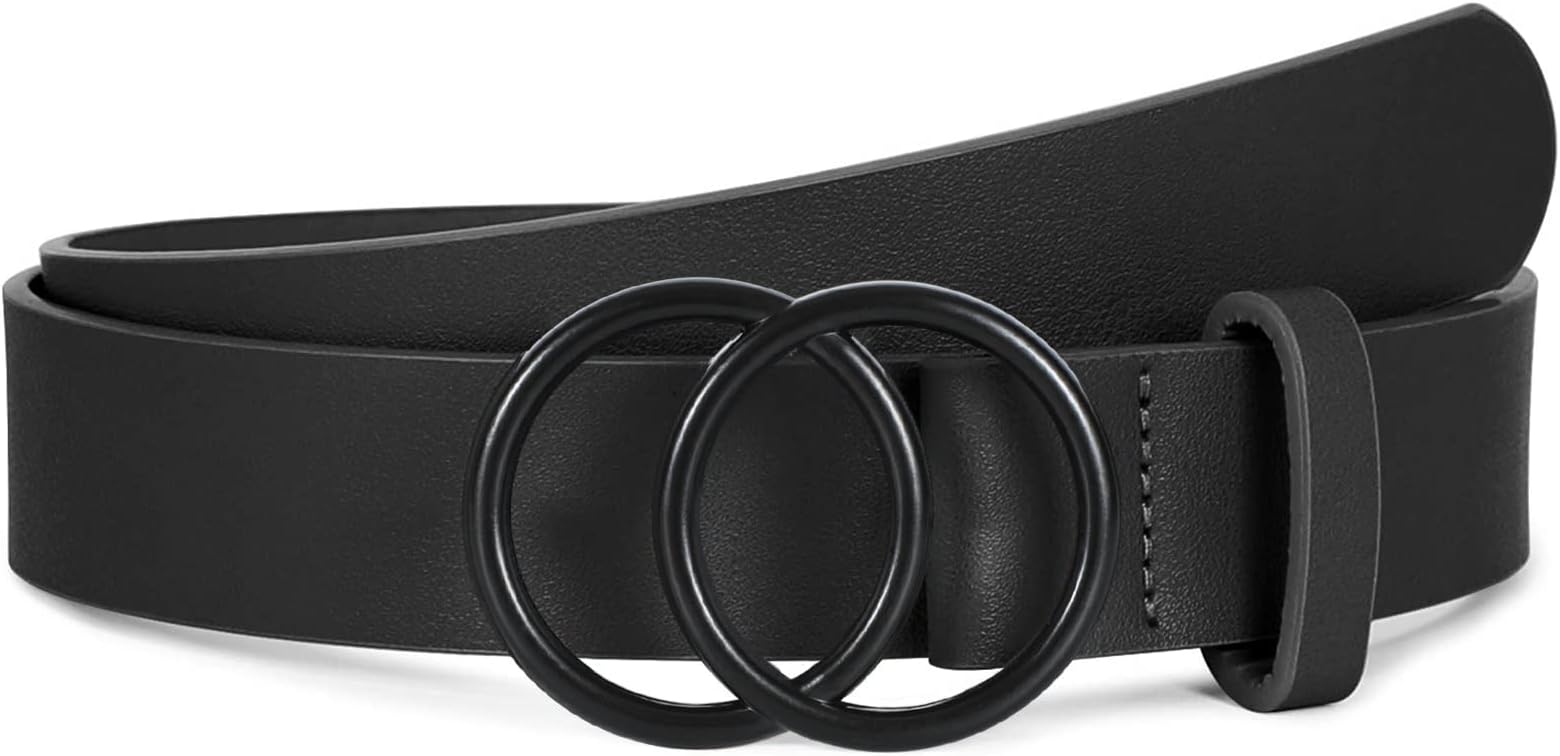 Women Leather Belt Fashion Double O-Ring Soft Faux Leather Waist Belts For Jeans Dress
