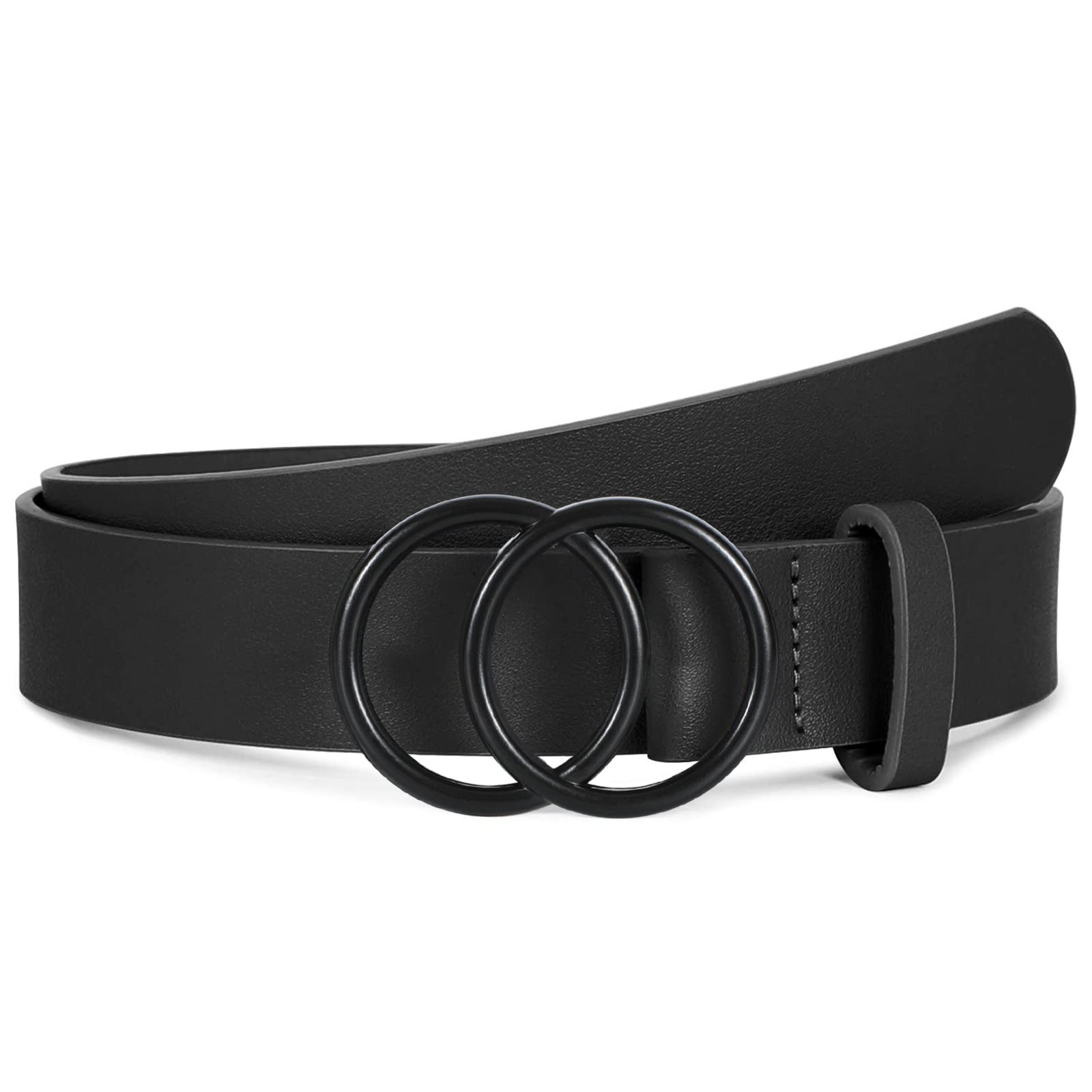 Women Leather Belt Fashion Double O-Ring Soft Faux Leather Waist Belts For Jeans Dress