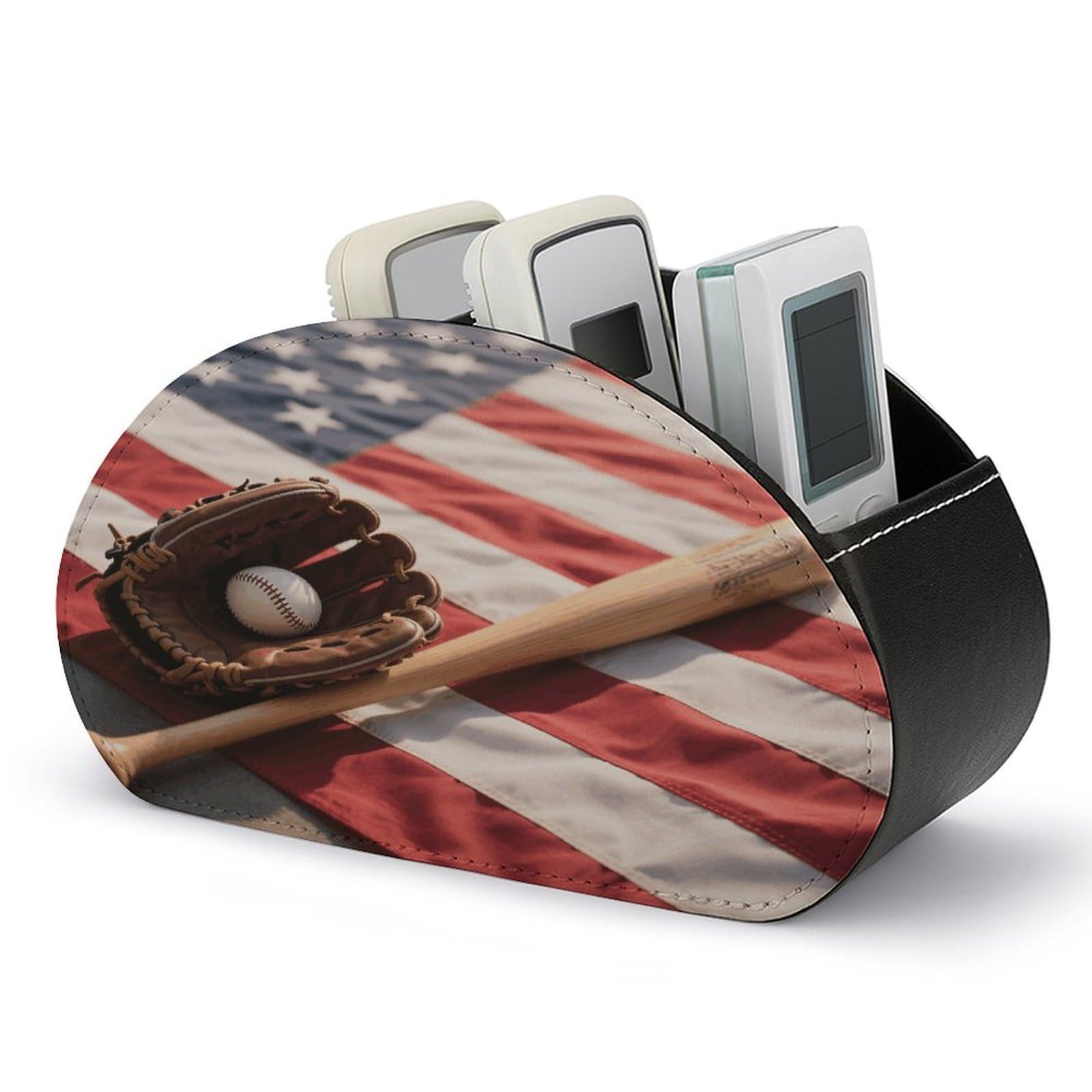 VstaDank Baseball Glove And Bat Remote Control Holder PU Leather Multi-Functional Office Organizar Box Makeup Brush Holder Desk Storage with 5 Compartment TV Remote Media Player Box