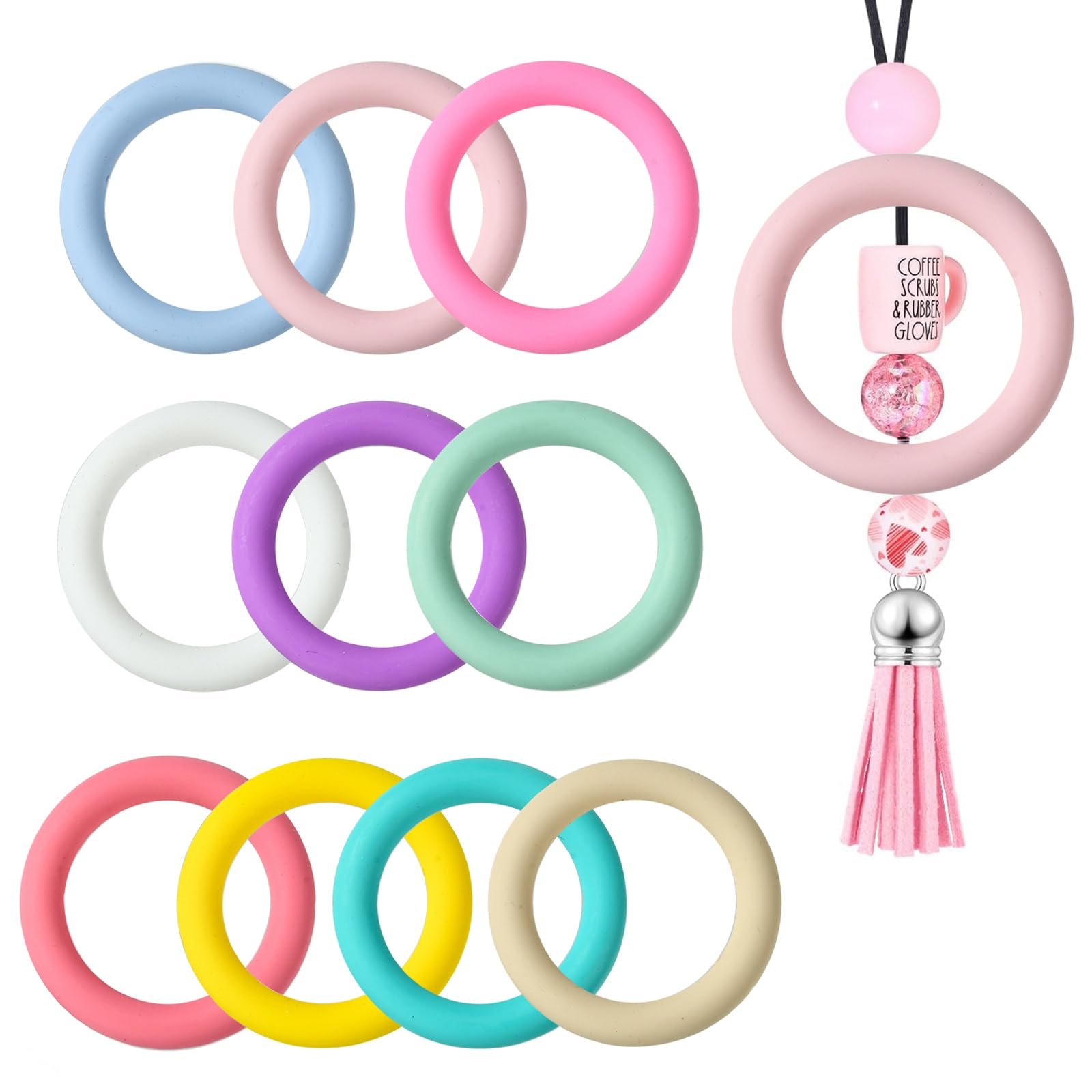 Stiesy 10Pcs 10 Colours Silicone Beadable O Rings Colourful Silicone Ring Beads Silicone Focal Frame with 2 Holes for DIY Keychain Jewellry Making Car Hanging Decor Accessories