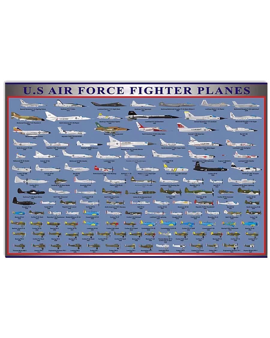 Kwqdozf U.sairforcefighterplanes Fighter Infographic Metal Sign U. S Air Force Fighter Planes Posters For Club Retro Home Office Learning Knowledge Plaque Wall Decor 12X16 Inches