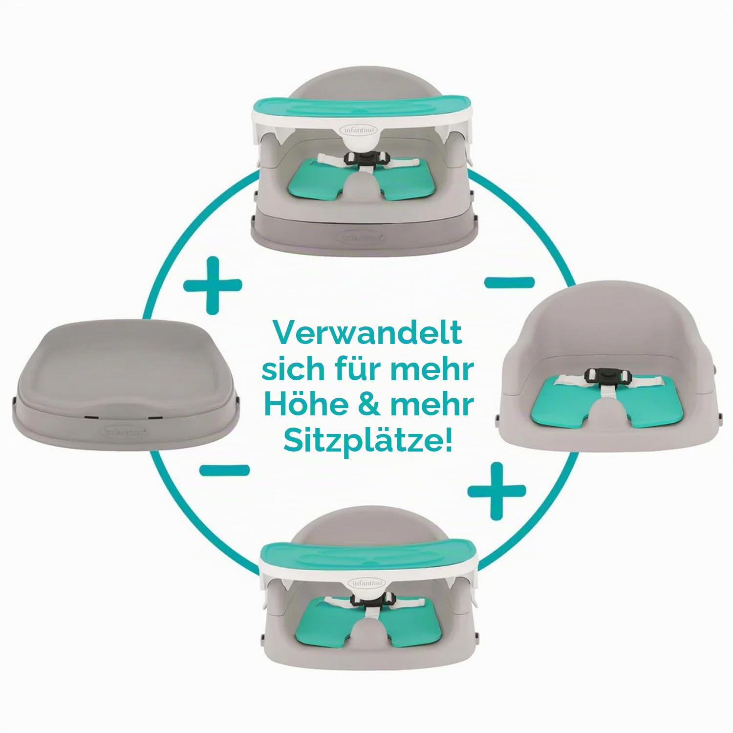 Infantino Grow-With-Me 4-in-1 Babystuhl – mitwachsend, platzsparendes Boostersitz Design, nutzbar als Sitzerhöhung für Babys ab 4 Monaten oder als Kinderstuhl ab 3 Jahren, türkis