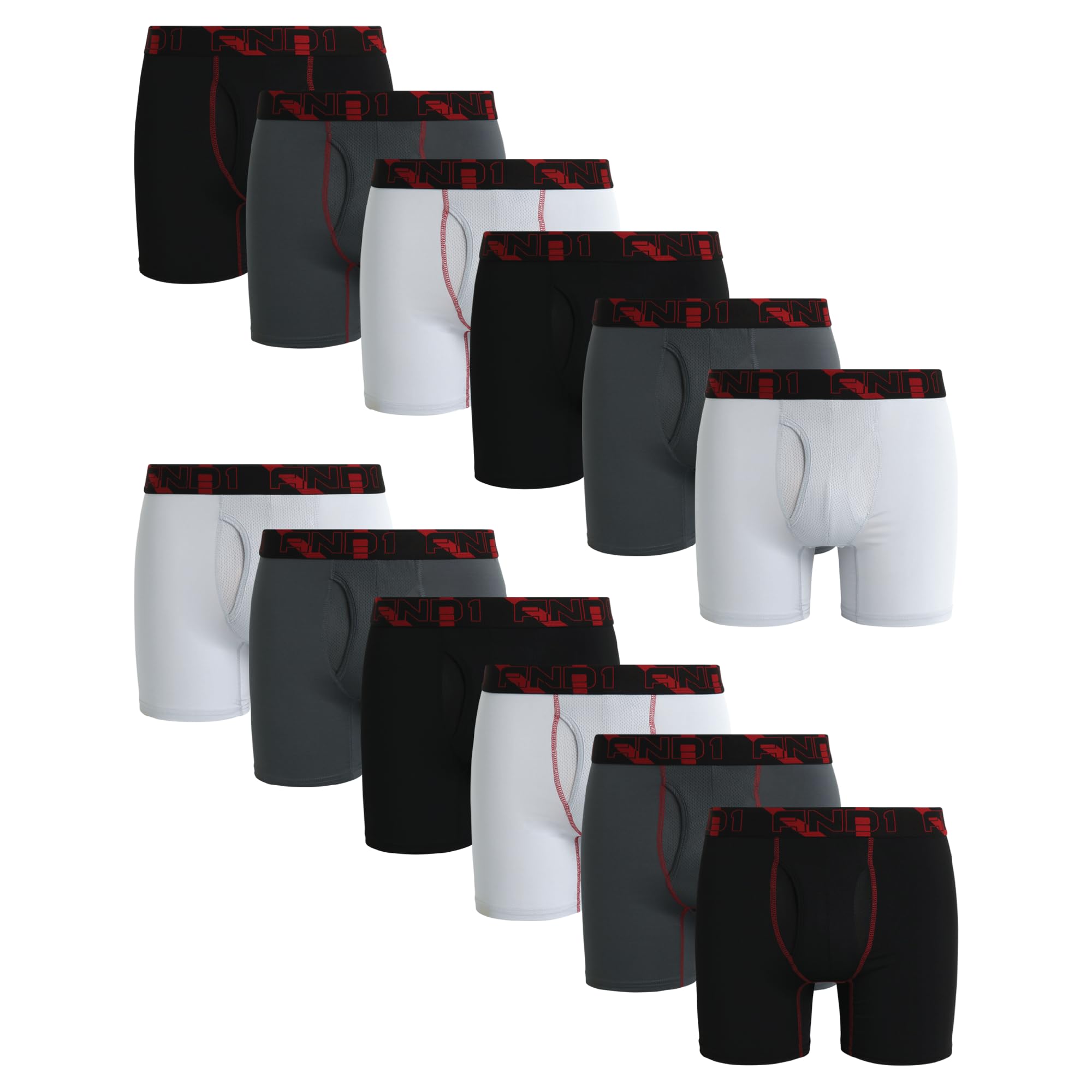 AND1 Mens Boxer Briefs - 12 Pack Platinum Performance Mens Boxers with Fly Pouch - Underwear Boxers for Men, 6" Inseam